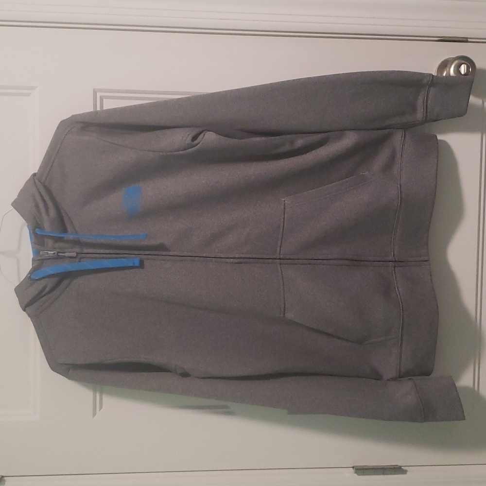 North Face Mens Medium Gray and Turquoise Jacket with Hoodie, Pockets, Zip Front